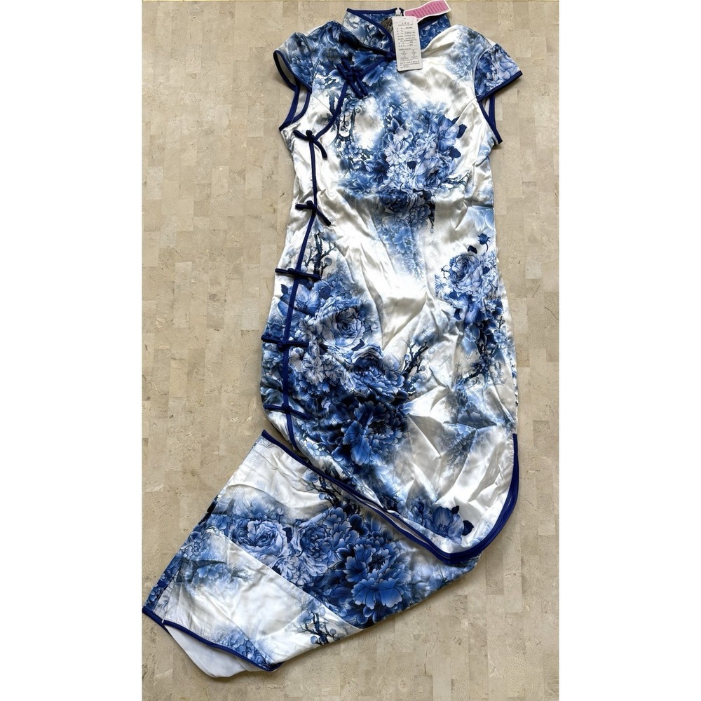 Womens Blue Floral Cheongsam Qipao Dress Mandarin Collar Satin look Size XXS NWT